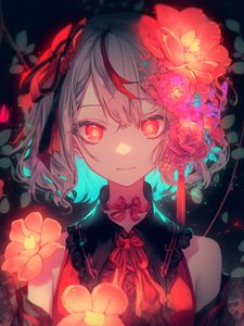 Preview wallpaper girl, flowers, bows, red, art, anime