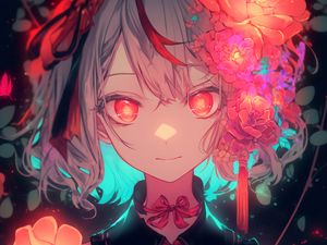 Preview wallpaper girl, flowers, bows, red, art, anime