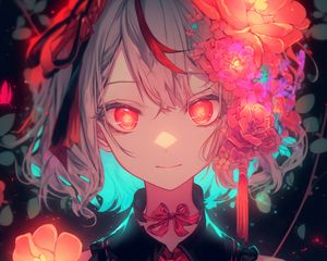 Preview wallpaper girl, flowers, bows, red, art, anime