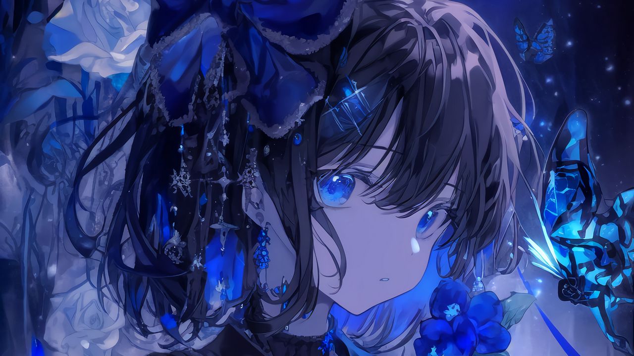 Wallpaper girl, flowers, butterflies, blue, anime
