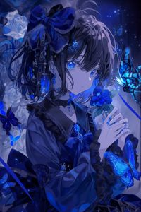 Preview wallpaper girl, flowers, butterflies, blue, anime