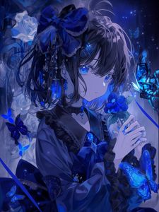 Preview wallpaper girl, flowers, butterflies, blue, anime