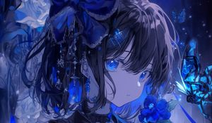 Preview wallpaper girl, flowers, butterflies, blue, anime