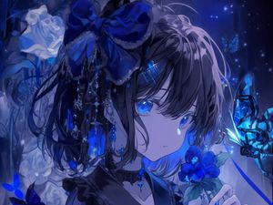 Preview wallpaper girl, flowers, butterflies, blue, anime