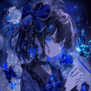 Preview wallpaper girl, flowers, butterflies, blue, anime