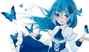 Preview wallpaper girl, flowers, butterflies, anime, art, blue