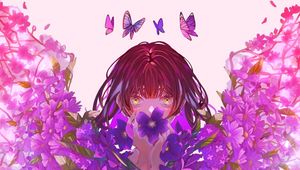 Preview wallpaper girl, flowers, butterflies, anime