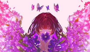 Preview wallpaper girl, flowers, butterflies, anime