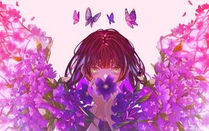 Preview wallpaper girl, flowers, butterflies, anime