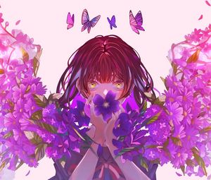 Preview wallpaper girl, flowers, butterflies, anime