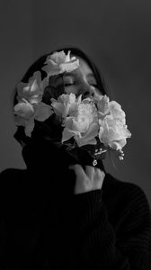 Preview wallpaper girl, flowers, bw, tenderness