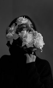 Preview wallpaper girl, flowers, bw, tenderness