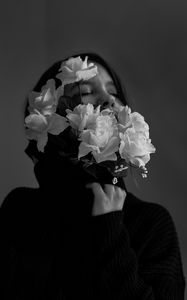 Preview wallpaper girl, flowers, bw, tenderness