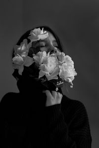 Preview wallpaper girl, flowers, bw, tenderness