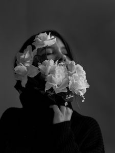 Preview wallpaper girl, flowers, bw, tenderness