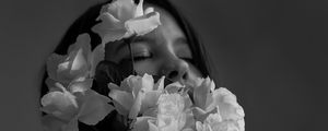 Preview wallpaper girl, flowers, bw, tenderness