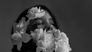 Preview wallpaper girl, flowers, bw, tenderness