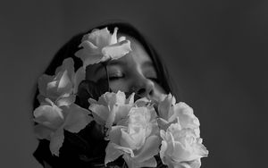 Preview wallpaper girl, flowers, bw, tenderness