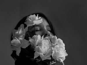 Preview wallpaper girl, flowers, bw, tenderness