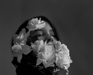 Preview wallpaper girl, flowers, bw, tenderness
