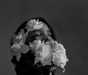 Preview wallpaper girl, flowers, bw, tenderness