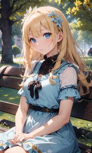 Preview wallpaper girl, flowers, dress, bench, park, anime