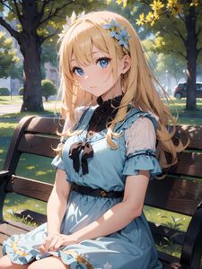 Preview wallpaper girl, flowers, dress, bench, park, anime