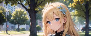 Preview wallpaper girl, flowers, dress, bench, park, anime