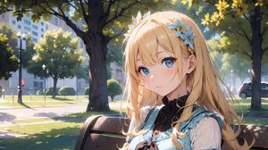 Preview wallpaper girl, flowers, dress, bench, park, anime