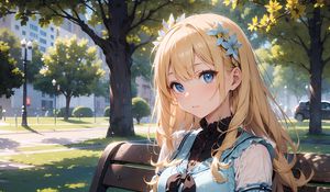 Preview wallpaper girl, flowers, dress, bench, park, anime