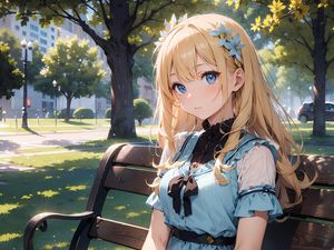 Preview wallpaper girl, flowers, dress, bench, park, anime