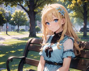 Preview wallpaper girl, flowers, dress, bench, park, anime
