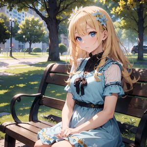 Preview wallpaper girl, flowers, dress, bench, park, anime