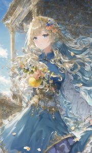 Preview wallpaper girl, flowers, dress, blue, anime, art