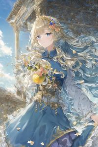 Preview wallpaper girl, flowers, dress, blue, anime, art