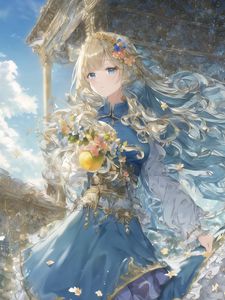 Preview wallpaper girl, flowers, dress, blue, anime, art