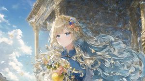 Preview wallpaper girl, flowers, dress, blue, anime, art