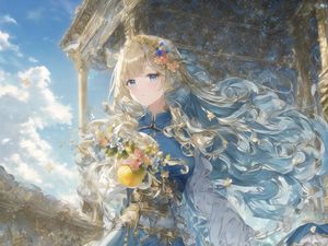 Preview wallpaper girl, flowers, dress, blue, anime, art