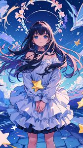 Preview wallpaper girl, flowers, dress, stars, anime, art