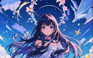 Preview wallpaper girl, flowers, dress, stars, anime, art