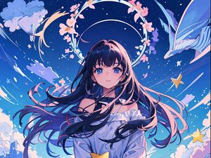 Preview wallpaper girl, flowers, dress, stars, anime, art