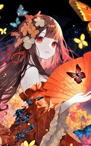 Preview wallpaper girl, flowers, fan, butterflies, anime