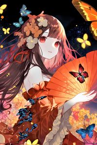 Preview wallpaper girl, flowers, fan, butterflies, anime