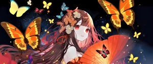 Preview wallpaper girl, flowers, fan, butterflies, anime