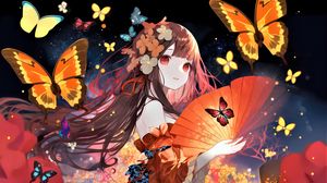 Preview wallpaper girl, flowers, fan, butterflies, anime