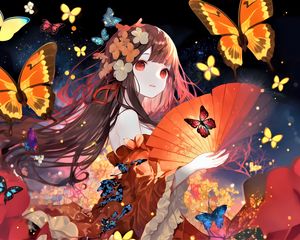 Preview wallpaper girl, flowers, fan, butterflies, anime