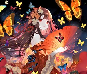Preview wallpaper girl, flowers, fan, butterflies, anime