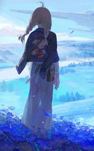 Preview wallpaper girl, flowers, field, fantasy, anime, art, cartoon