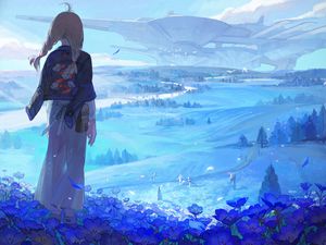 Preview wallpaper girl, flowers, field, fantasy, anime, art, cartoon