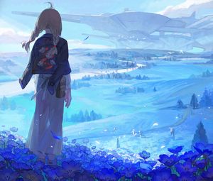 Preview wallpaper girl, flowers, field, fantasy, anime, art, cartoon